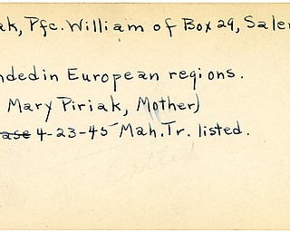 World War II, Vindicator, William Piriak, Salem, wounded, Europe, Mrs. Mary Piriak, 1945, Mahoning, Trumbull