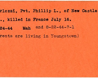World War II, Vindicator, Phillip L. Pirlozzi, New Castle, Pennsylvania, killed, France, 1944, Mahoning, Youngstown