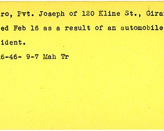 World War II, Vindicator, Joseph Pitro, Girard, automobile accident, died, 1946, Mahoning, Trumbull