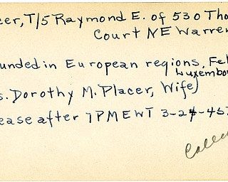 World War II, Vindicator, Raymond E. Placer, Warren, wounded, Europe, Luxembourg, Mrs. Dorothy M. Placer, 1945, Mahoning, Trumbull