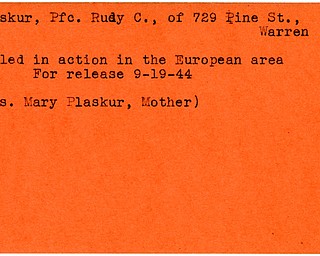World War II, Vindicator, Rudy C. Plaskur, Warren, killed, Europe, 1944, Mrs. Mary Plaskur