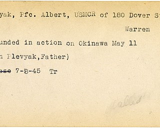 World War II, Vindicator, Albert Plevyak, Warren, wounded, Okinawa, John Plevyak, 1945, Trumbull