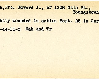 World War II, Vindicator, Edward J. Pluma, Youngstown, wounded, Germany, 1944, Mahoning, Trumbull