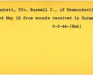World War II, Vindicator, Russell J. Plunkett, Hammondsville, wounded, died of wounds, Burma, 1944, Mahoning