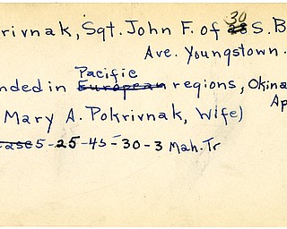 World War II, Vindicator, John F. Pokrivnak, Youngstown, wounded, Pacific, Okinawa, Mrs. Mary A. Pokrivnak, 1945, Mahoning, Trumbull