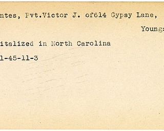 World War II, Vindicator, Victor J. Polentes, Youngstown, hospitalized, North Carolina, 1945