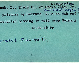 World War II, Vindicator, Edwin F. Pollock, Grove City, Pennsylvania, missing, prisoner, Germany, Germans, liberated, 1943, 1944, 1945, Trumbull