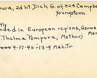 World War II, Vindicator, Dick G. Pompura, Youngstown, wounded, Europe, Germany, Mrs. Thelma Pompura, 1945, Mahoning, Trumbull