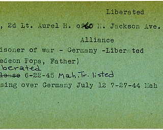 World War II, Vindicator, Aurel H. Popa, Alliance, prisoner, Germany, liberated, Gedeon Popa, 1945, Mahoning, Trumbull, missing, 1944