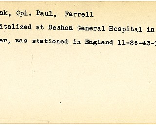 World War II, Vindicator, Paul Popodak, Farrell, hospitalized, Deshon General Hospital, Butler, England, 1943, Trumbull