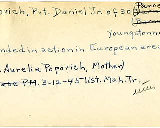 World War II, Vindicator, Daniel Popovich Jr., Youngstown, wounded, Europe, Mrs. Aurelia Popovich, 1945, Mahoning, Trumbull