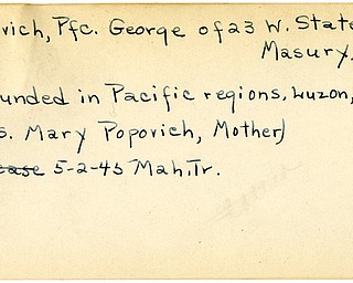 World War II, Vindicator, George Popovich, Masury, wounded, Pacific, Luzon, Mrs. Mary Popovich, 1945, Mahoning, Trumbull