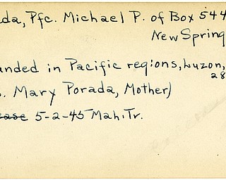 World War II, Vindicator, Michael P. Porada, New Springfield, wounded, Pacific, Luzon, Mrs. Mary Porada, 1945, Mahoning, Trumbull