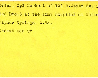 World War II, Vindicator, Herbert Porter, Salem, died at army hospital, White Sulphur Springs, West Virginia, 1945, Mahoning, Trumbull