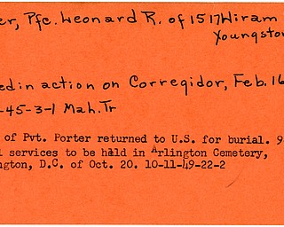 World War II, Vindicator, Leonard R. Porter, Youngstown, killed, Corregidor, 1945, body returned to U.S., burial, funeral, Arlington Cemetery, Washington D.C., 1949, Mahoning, Trumbull