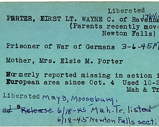 World War II, Vindicator, Wayne C. Porter, Ravenna, prisoner, Germans, Germany, 1945, Mahoning, Trumbull, Mrs. Elsie M. Porter, missing, Europe, 1944, liberated, Mooseburg, Newton Falls