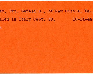 World War II, Vindicator, Gerald D. Post, New Castle, Pennsylvania, killed, Italy, 1944, Mahoning