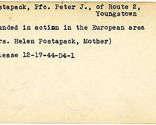 World War II, Vindicator, Peter J. Postapack, Youngstown, wounded, Europe, Mrs. Helen Postapack, 1944