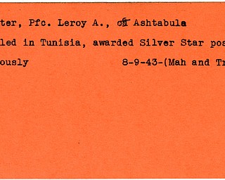 World War II, Vindicator, Leroy A. Potter, Ashtabula, killed, Tunisia, award, Silver Star, posthumously, 1943, Mahoning, Trumbull