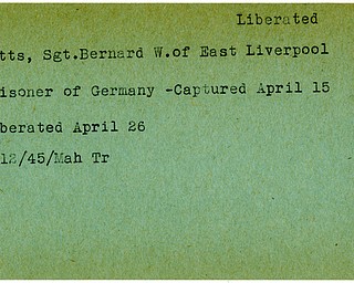 World War II, Vindicator, Bernard W. Potts, East Liverpool, prisoner, Germany, captured, liberated, 1945, Mahoning, Trumbull