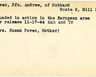 World War II, Vindicator, Andrew Povec, Hubbard, wounded, Europe, 1944, Mahoning, Trumbull, Mrs. Susan Povec