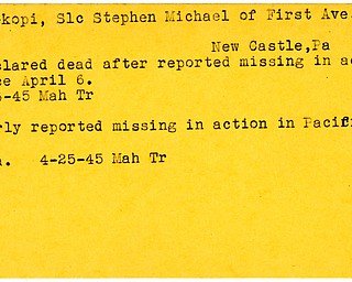 World War II, Vindicator, Stephen Michael Prekopi, New Castle, Pennsylvania, missing, Pacific, declared dead, 1945, Mahoning, Trumbull