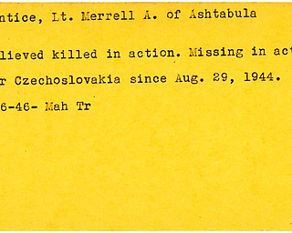 World War II, Vindicator, Merrell A. Prentice, Ashtabula, missing, Czechoslovakia, believed killed, killed, 1944, 1946, Mahoning, Trumbull