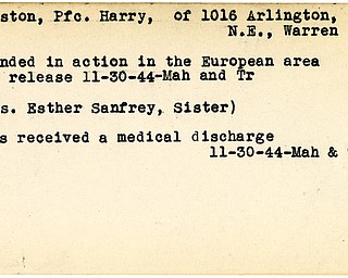 World War II, Vindicator, Harry Preston, Warren, wounded, Europe, 1944, Mahoning, Trumbull, Mrs. Esther Sanfrey, medical discharge