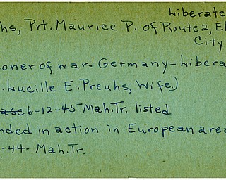 World War II, Vindicator, Maurice P. Preuhs, Ellwood City, wounded, Europe, prisoner, Germany, liberated, Mrs. Lucille E. Preuhs, 1944, 1945, Mahoning, Trumbull