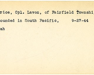 World War II, Vindicator, Lavon Price, Fairfield Township, wounded, South Pacific, 1944, Mahoning