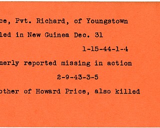 World War II, Vindicator, Richard Price, Youngstown, missing, killed, New Guinea, Howard Price, 1943, 1944