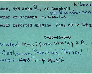 World War II, Vindicator, John W. Prochak, Campbell, missing, Italy, prisoner, Germans, Germany, liberated, Stalag 2B, Mrs. Catherine Prochak, 1944, 1945, Mahoning, Trumbull