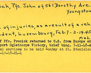 World War II, Vindicator, John Procick, Youngstown, died of injuries, vehicle accident, Luxembourg, body returned to U.S., Oglethrope Victory, funeral, St. Stanislaus Church, 1945, 1948, Mahoning, Trumbull