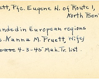 World War II, Vindicator, Eugene H. Pruett, North Benton, wounded, Europe, Mrs. Nanna M. Pruett, 1945, Mahoning, Trumbull