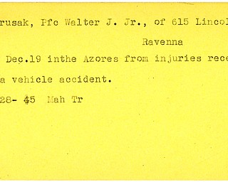 World War II, Vindicator, Walter J. Prusak Jr, Ravenna, died of injuries, vehicle accident, Azores, 1945, Mahoning, Trumbull