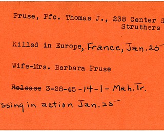 World War II, Vindicator, Thomas J. Pruse, Struthers, missing, killed, Europe, France, Mrs. Barbara Pruse, 1945, Mahoning, Trumbull