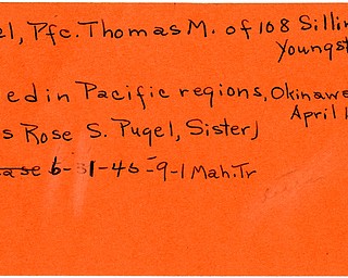 World War II, Vindicator, Thomas M. Pugel, Youngstown, killed, Pacific, Okinawa, Miss Rose S. Pugel, 1945, Mahoning, Trumbull