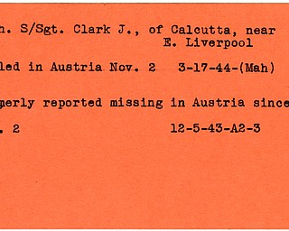 World War II, Vindicator, Clark J. Pugh, Calcutta, East Liverpool, missing, Austria, killed, 1943, 1944, Mahoning