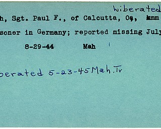 World War II, Vindicator, Paul F. Pugh, Calcutta, prisoner, Germany, missing, liberated, 1944, 1945, Mahoning, Trumbull
