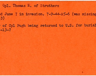 World War II, Vindicator, Thomas E. Pugh, Struthers, killed, 1944, missing, body returned to U.S., burial, 1948