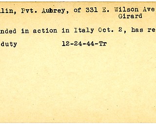 World War II, Vindicator, Aubrey Pullin, Girard, wounded, Italy, returned to duty, 1944, Trumbull
