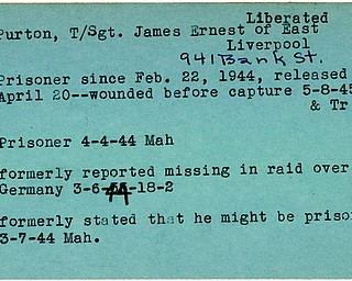 World War II, Vindicator, James Ernest Purton, East Liverpool, prisoner, released, liberated, wounded, missing, 1944, 1945, Mahoning, Trumbull