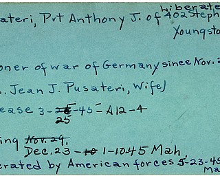 World War II, Vindicator, Anthony J. Pusateri, Youngstown, prisoner, Germany, Mrs. Jean J. Pusateri, 1945, missing, liberated, American Forces, Mahoning, Trumbull