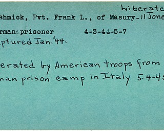 World War II, Vindicator, Frank L. Pushnick, Masury, prisoner, Germans, Germany, liberated, German prison camp in Italy, Italy, 1944, 1945, Trumbull