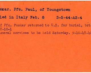 World War II, Vindicator Paul Puskar, Youngstown, killed, Italy, 1944, body returned to U.S., burial, funeral, 1944, 1948