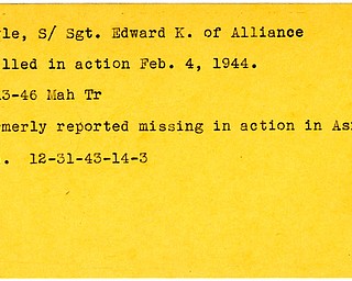 World War II, Vindicator, Edward K. Pyle, Alliance, missing, Asiatic Area, Asia, killed, 1943, 1946, Mahoning, Trumbull