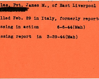 World War II, Vindicator, James M. Pyles, East Liverpool, missing, killed, Italy, 1944, Mahoning