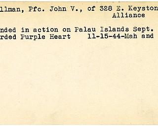 World War II, Vindicator, John V. Quillman, Alliance, wounded, Palau Islands, awarded Purple Heart, Purple Heart, 1944, Mahoning, Trumbull