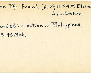 World War II, Vindicator, Frank D. Quinn, Salem, wounded, Philippines, 1945, Mahoning
