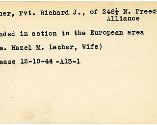 World War II, Vindicator, Richard J. Lacher, Alliance, wounded, Europe, 1944, Mrs. Hazel M. Lacher